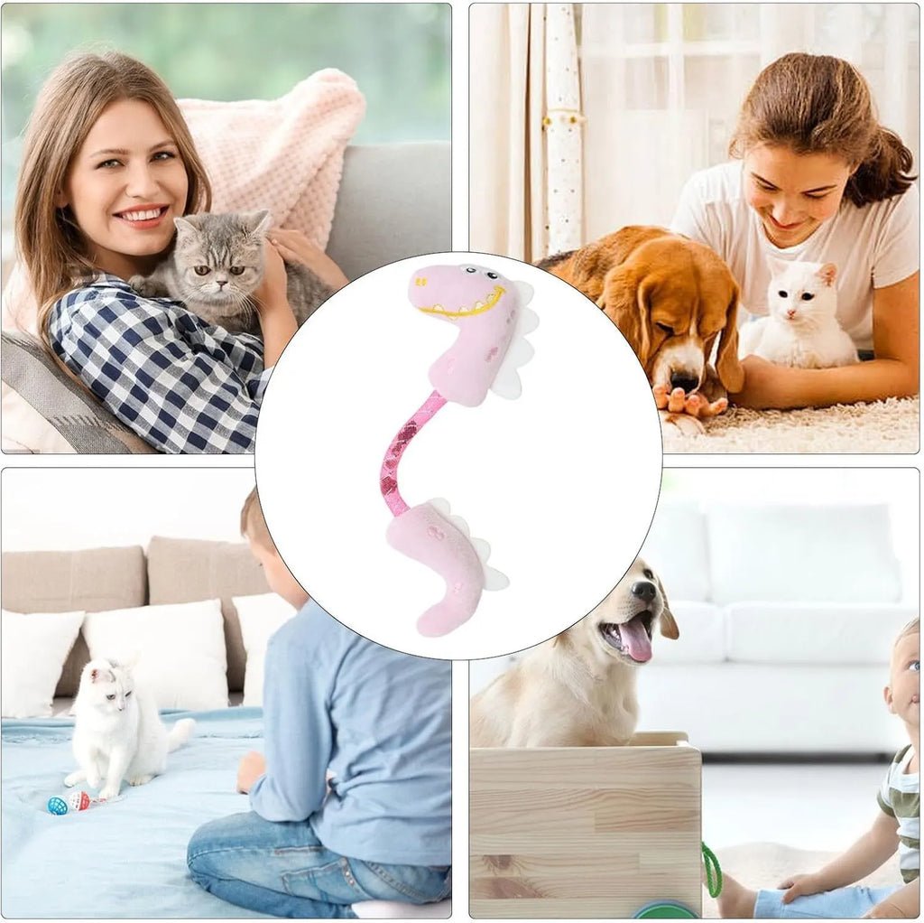 Set of four cat toys including catnip rope, interactive kicker, spring, and plush chew toys in pink, purple, and yellow