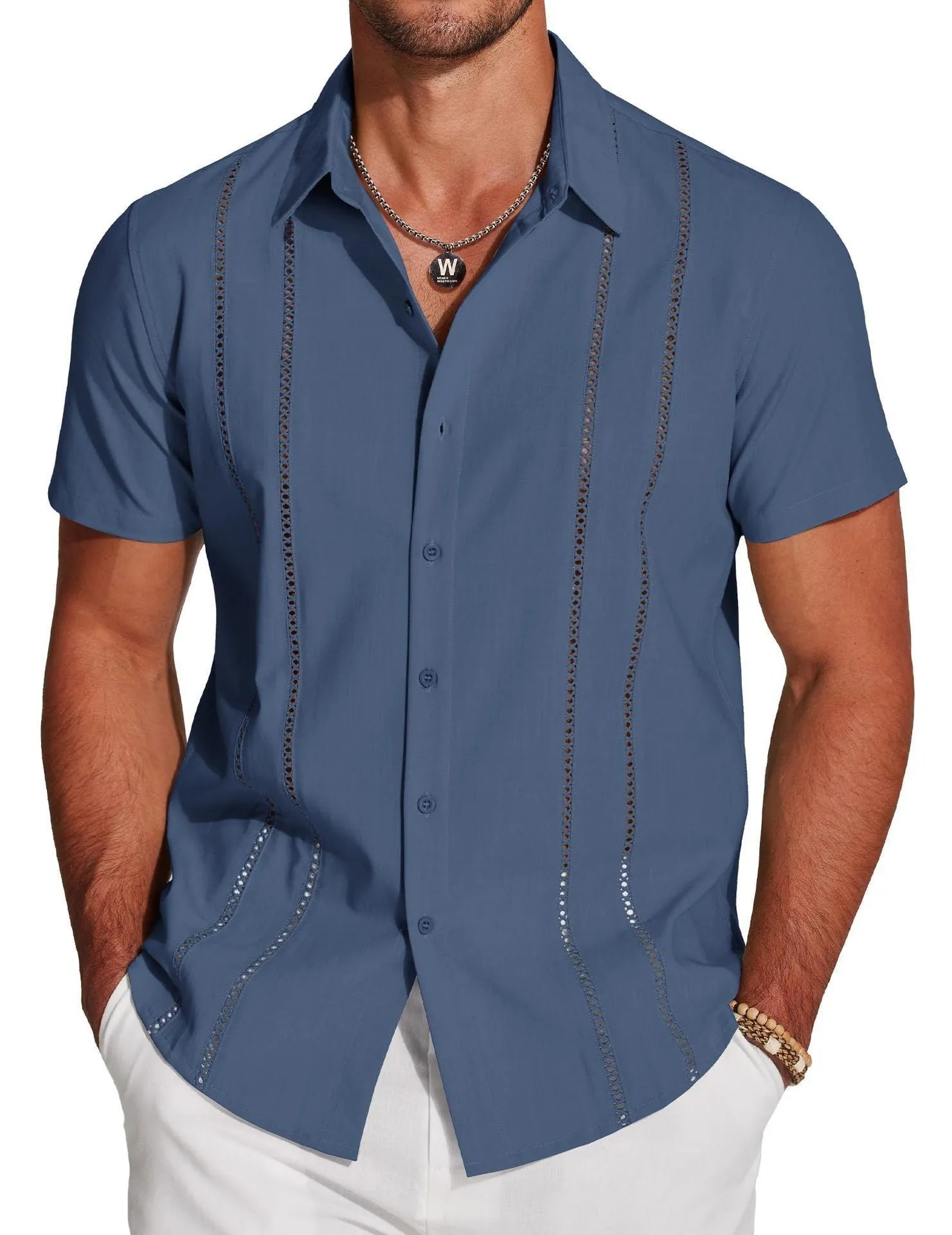 Man wearing a slim fit, short sleeve Hawaiian shirt with a digital print pattern.