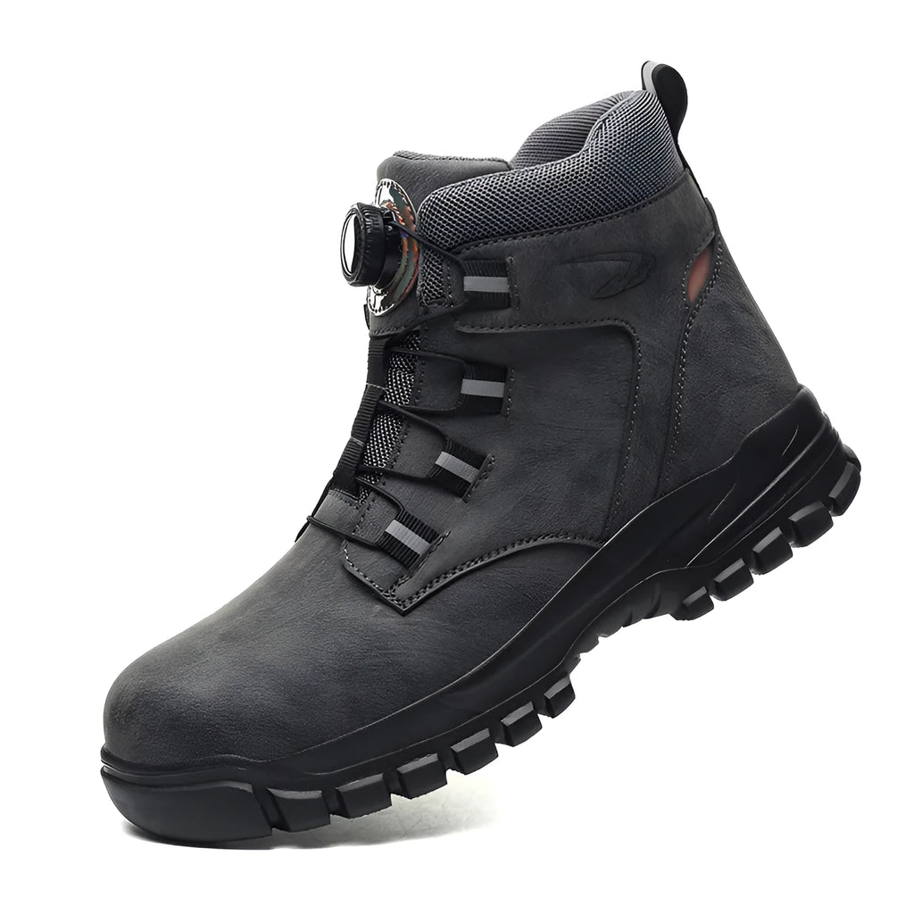 Leather safety work shoes with anti-smash and puncture-resistant toe cap in black, grey, and yellow.