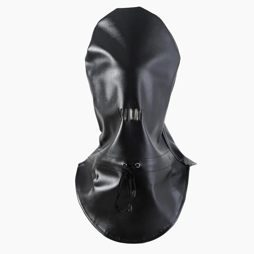 Black leather training mask with single eye openings and adjustable strap