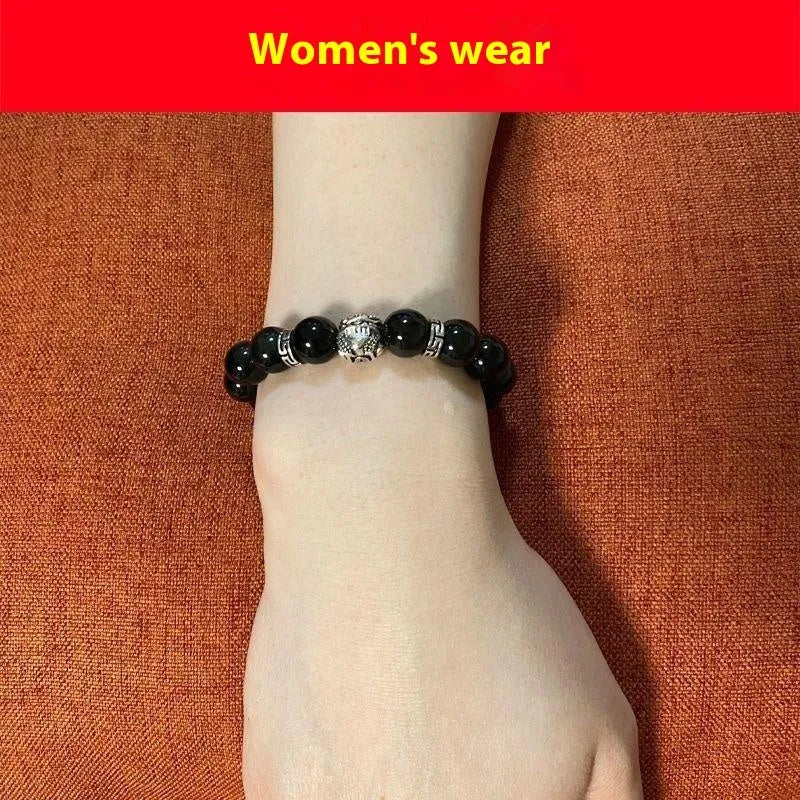 Natural obsidian bead bracelet with silver 999 details, showing male 12mm and female 10mm size options.