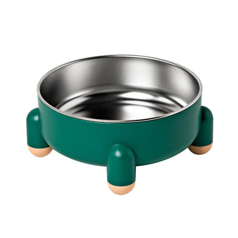 Green stainless steel pet bowl with non-slip base and raised feet for dogs and cats.