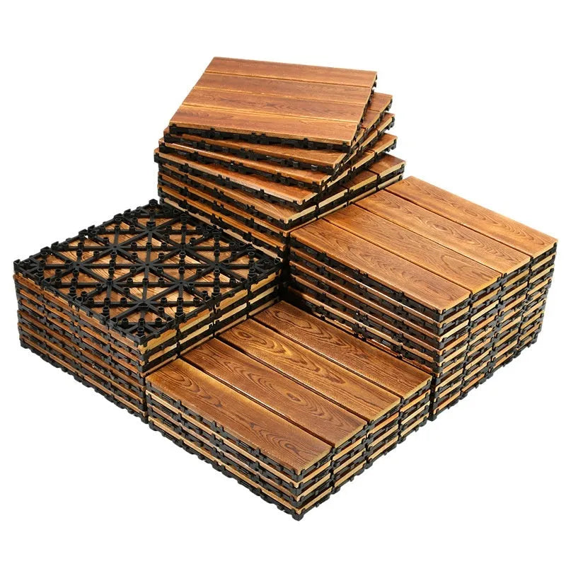 Interlocking camphor pine wooden flooring tile measuring 30x30cm with a brushed surface.