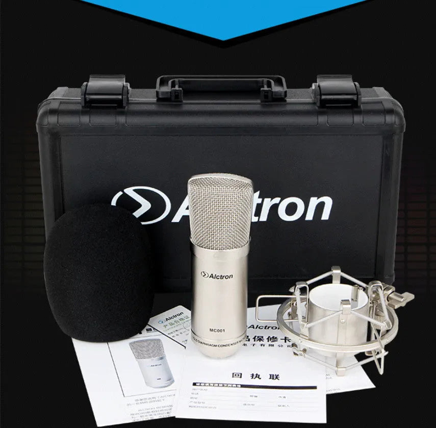 MC001 professional condenser microphone with gold-plated diaphragm, shock mount, and windshield on desk setup