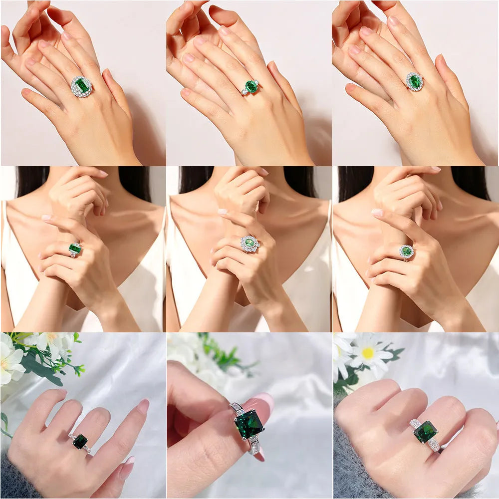 S925 sterling silver women's ring with geometric elliptical design featuring emerald stone and Palaibahao diamond inlay