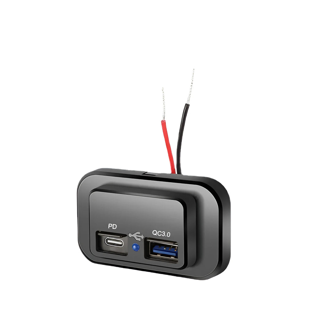 Black QC3.0 and PD fast car charger with TYPE-C port for 12V vehicles.