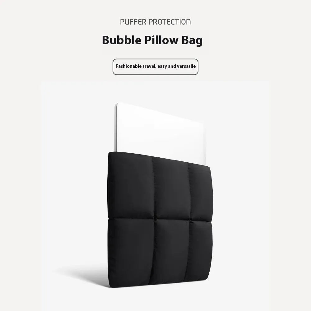 Soft fluffy laptop sleeve for 13-15.6 inch devices in black or khaki with visible sewing thread detailing