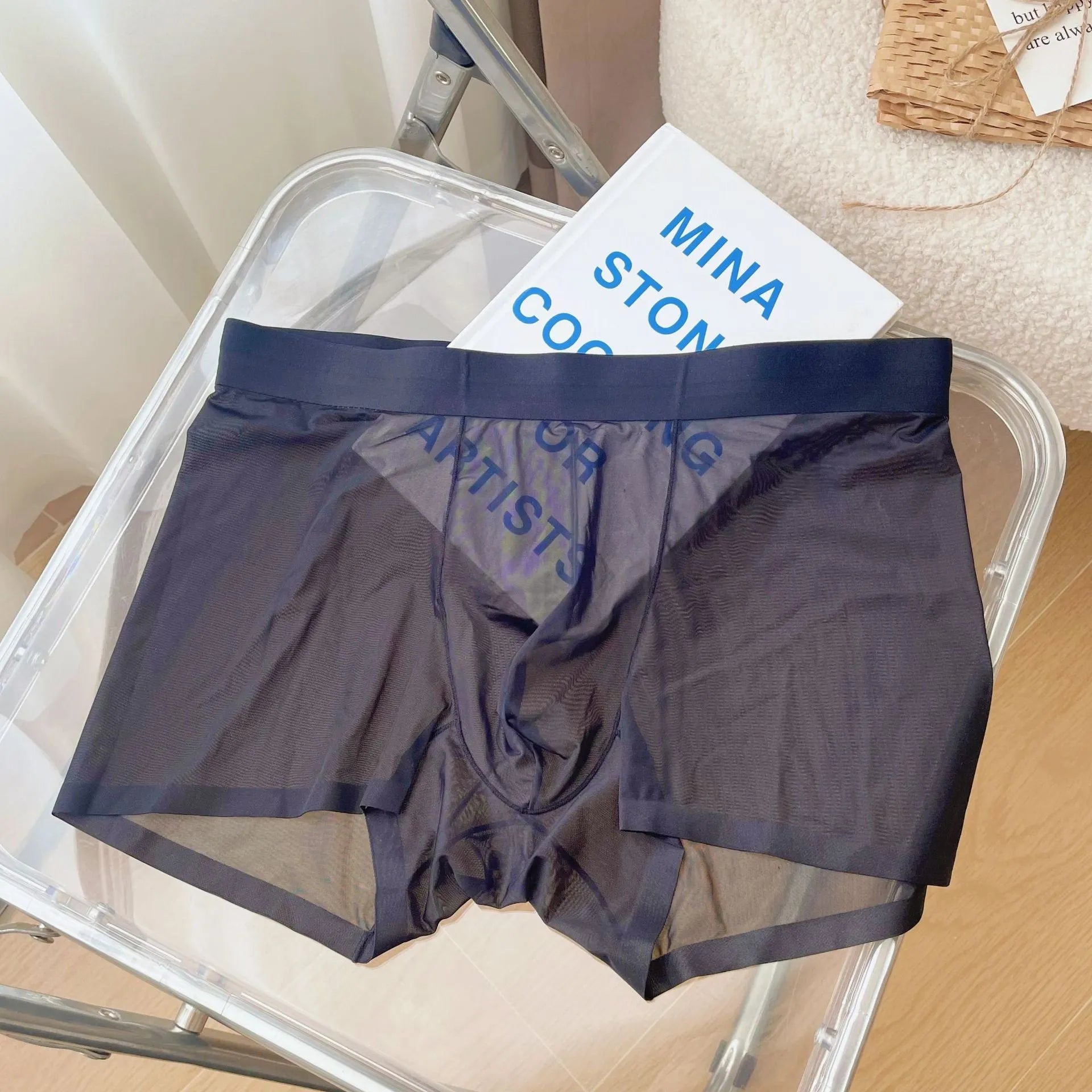 Men's thin breathable boxer shorts in rock ash colour with seamless construction and mid waist design