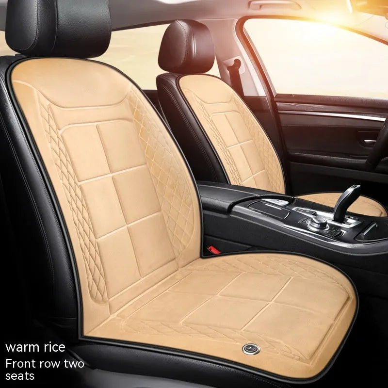 Car heating cushion in beige colour showing single seat configuration with 12V power connection