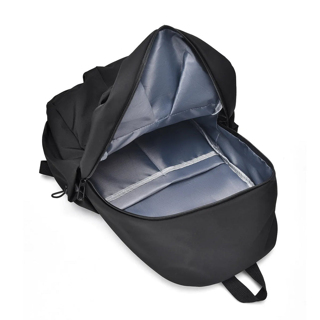 Casual large capacity backpack Oxford cloth 20-35L in black with curved shoulder strap and sewing line detail