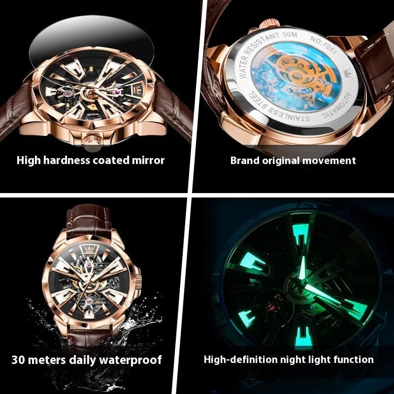 Men's automatic mechanical watch with hollow dial design and brown leather strap