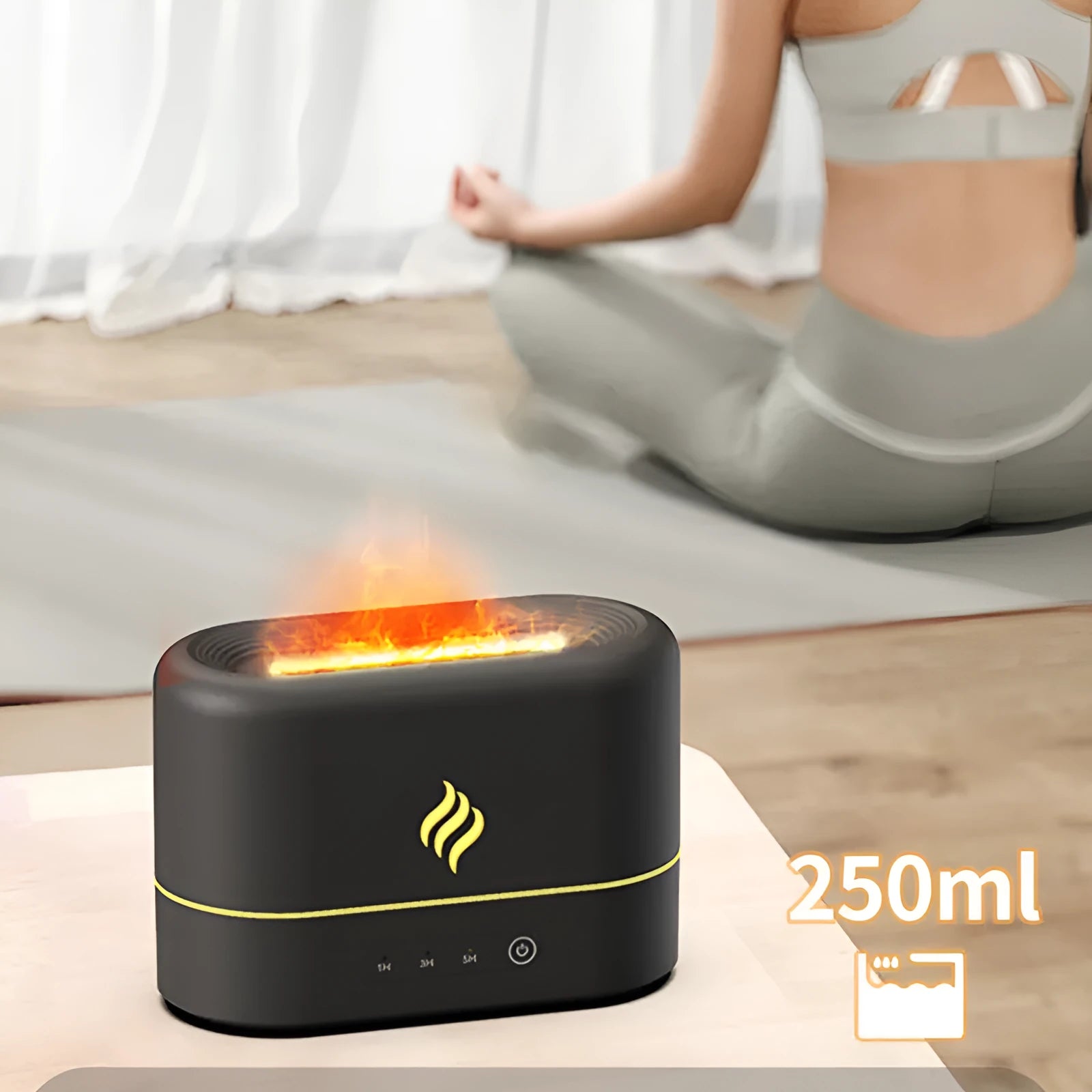 USB simulated flame humidifier with seven-colour lighting on desk next to plant