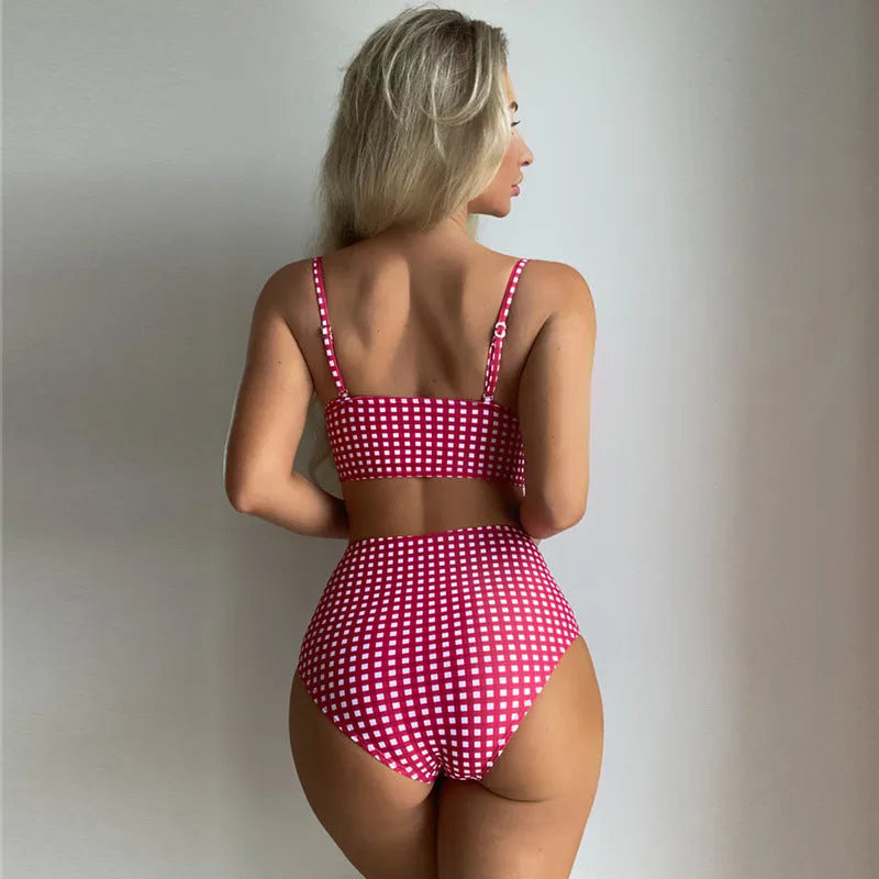 Women's plaid high-waist bikini swimsuit set in rose red, shown as a two-piece with briefs.
