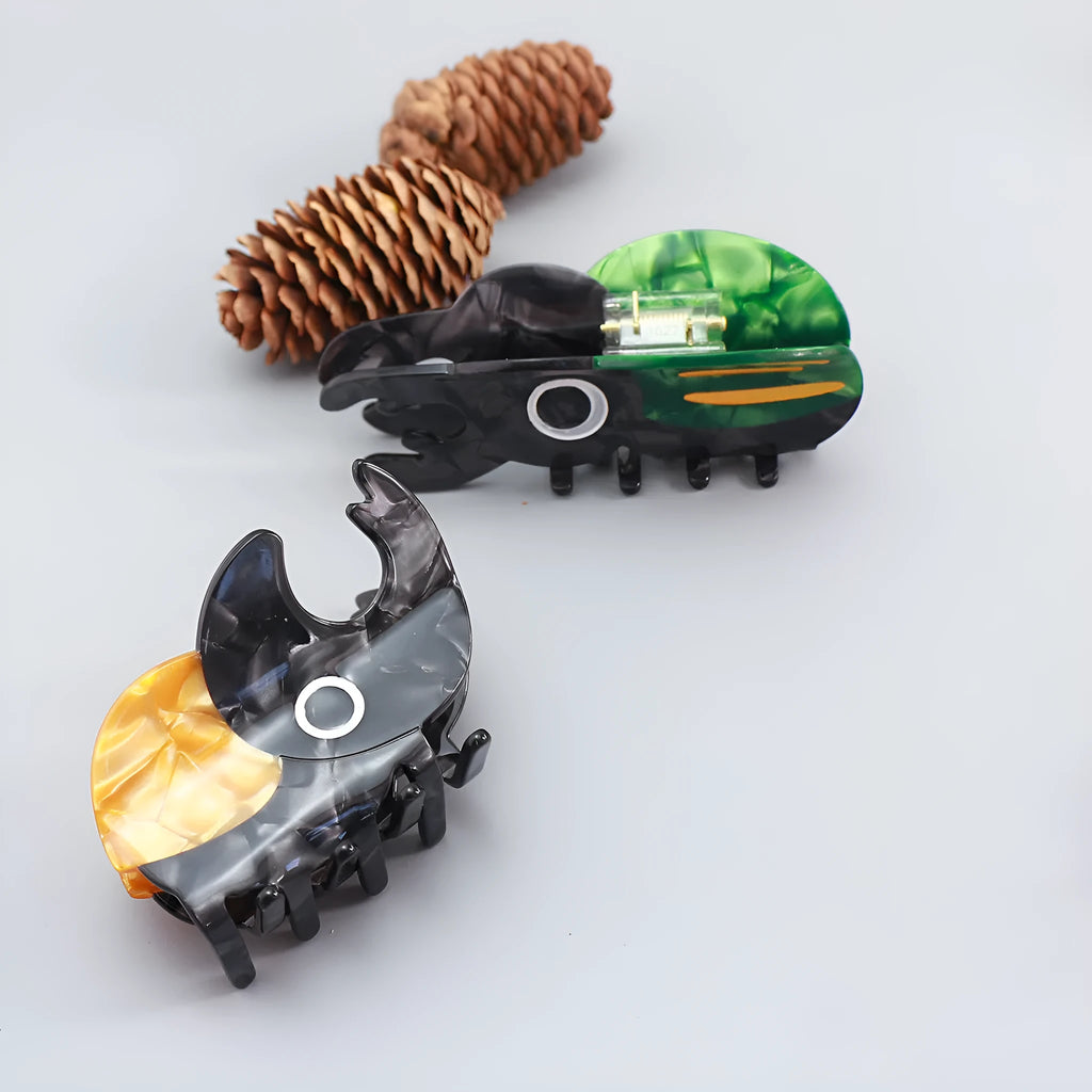 Handmade cellulose acetate insect brooch with beetle grip pin in green, orange, or white caterpillar designs