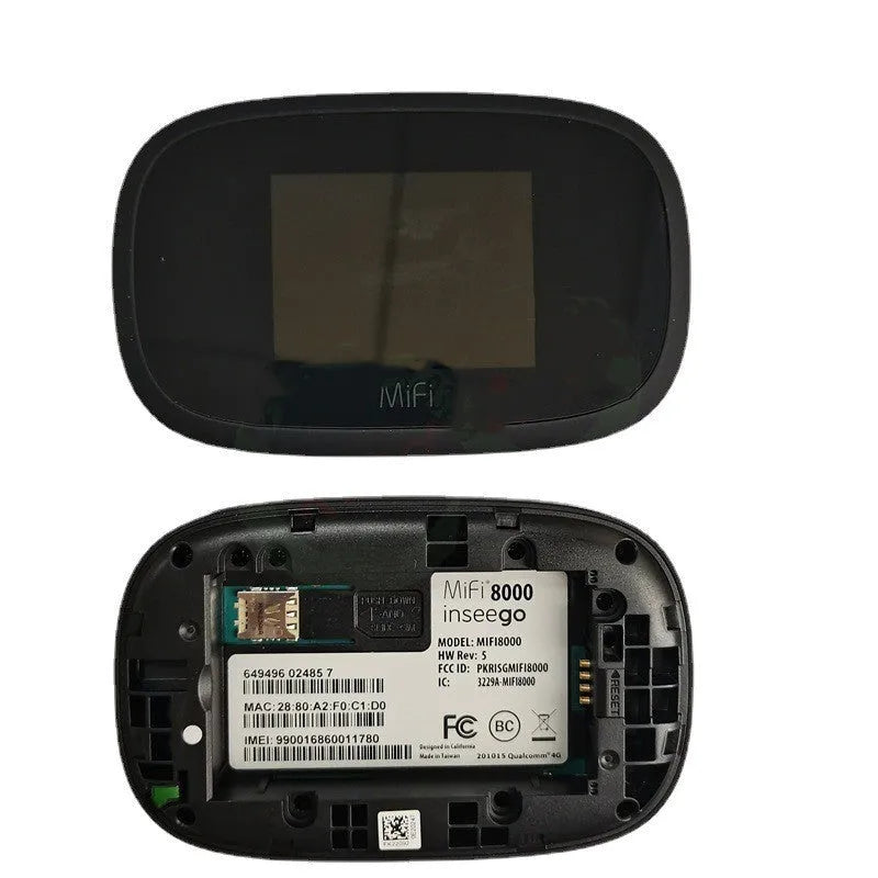Black MIFI8000 portable 4G wireless router with compact design showing front panel indicators