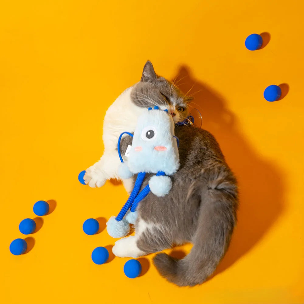 Blue four-ring soft plush cat toy with elastic rope and a mint bell.