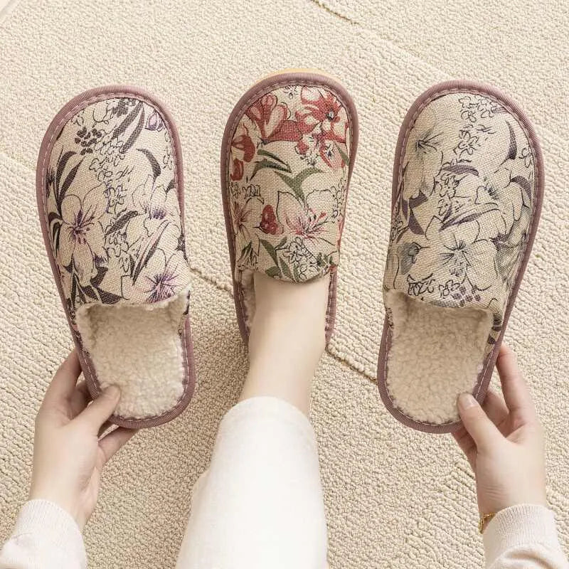 Linen surface cotton winter slippers with PVC sole in various colour patterns and sizes