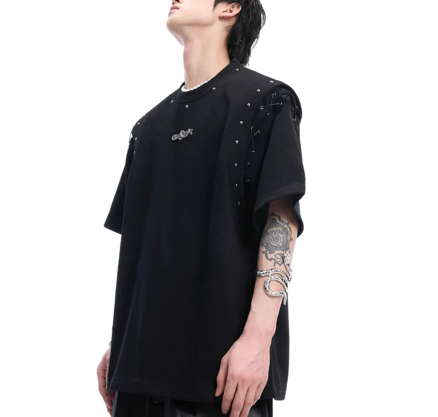 Black short sleeve t-shirt with a vertical lace-up cutout detail on the front.