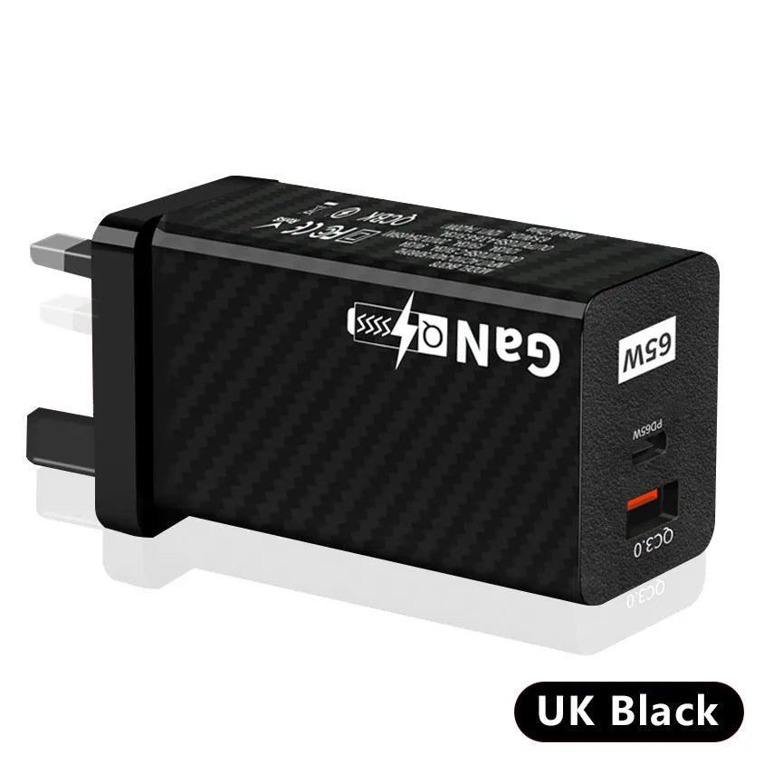 Compact white 65W GaN laptop charger with USB-C port next to EU plug.