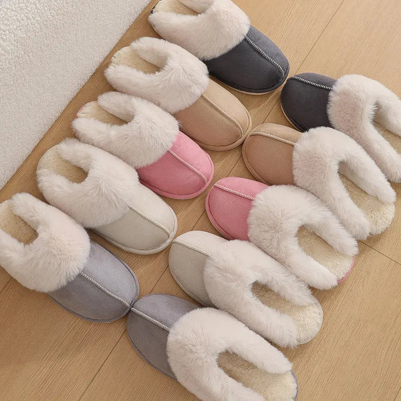 Women's indoor plush slippers in round-toe design with cotton upper and PVC anti-slip soles