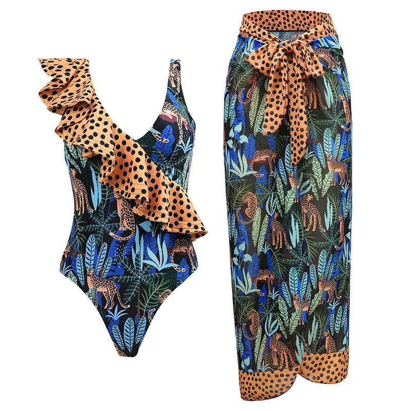 Women's solid colour one-piece swimsuit with removable skirt in Asian sizes