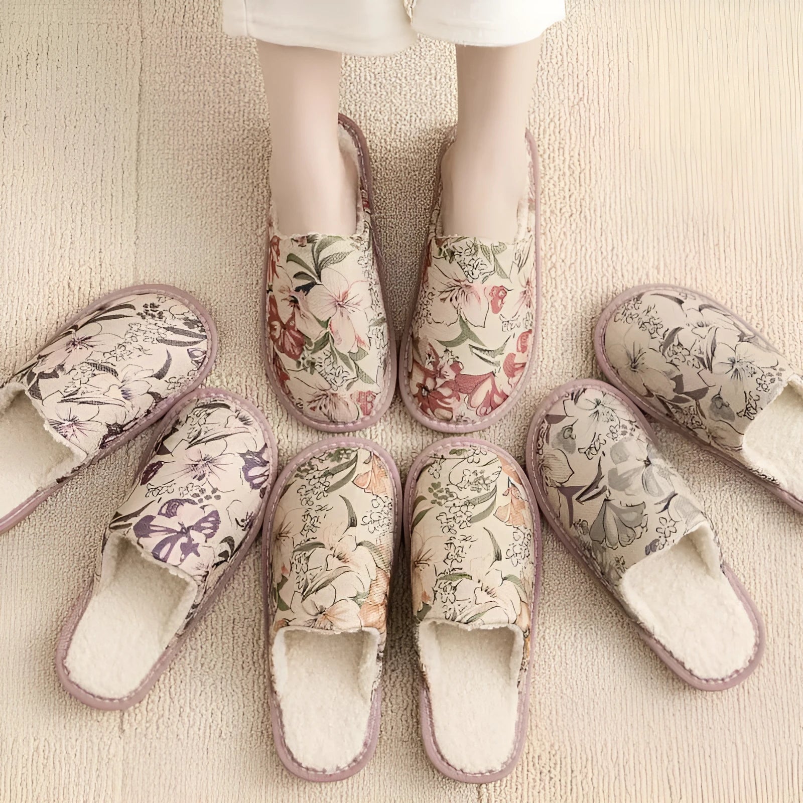 Linen surface cotton winter slippers with PVC sole in various colour patterns and sizes