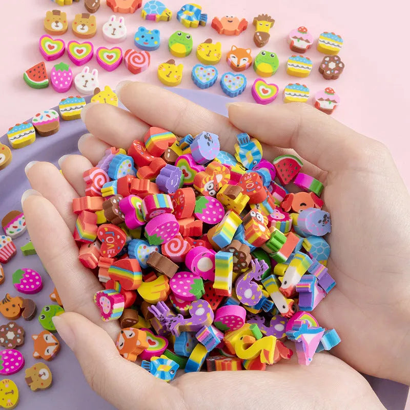 50 small cartoon fruit and animal themed rubber erasers in a pearlescent bag.