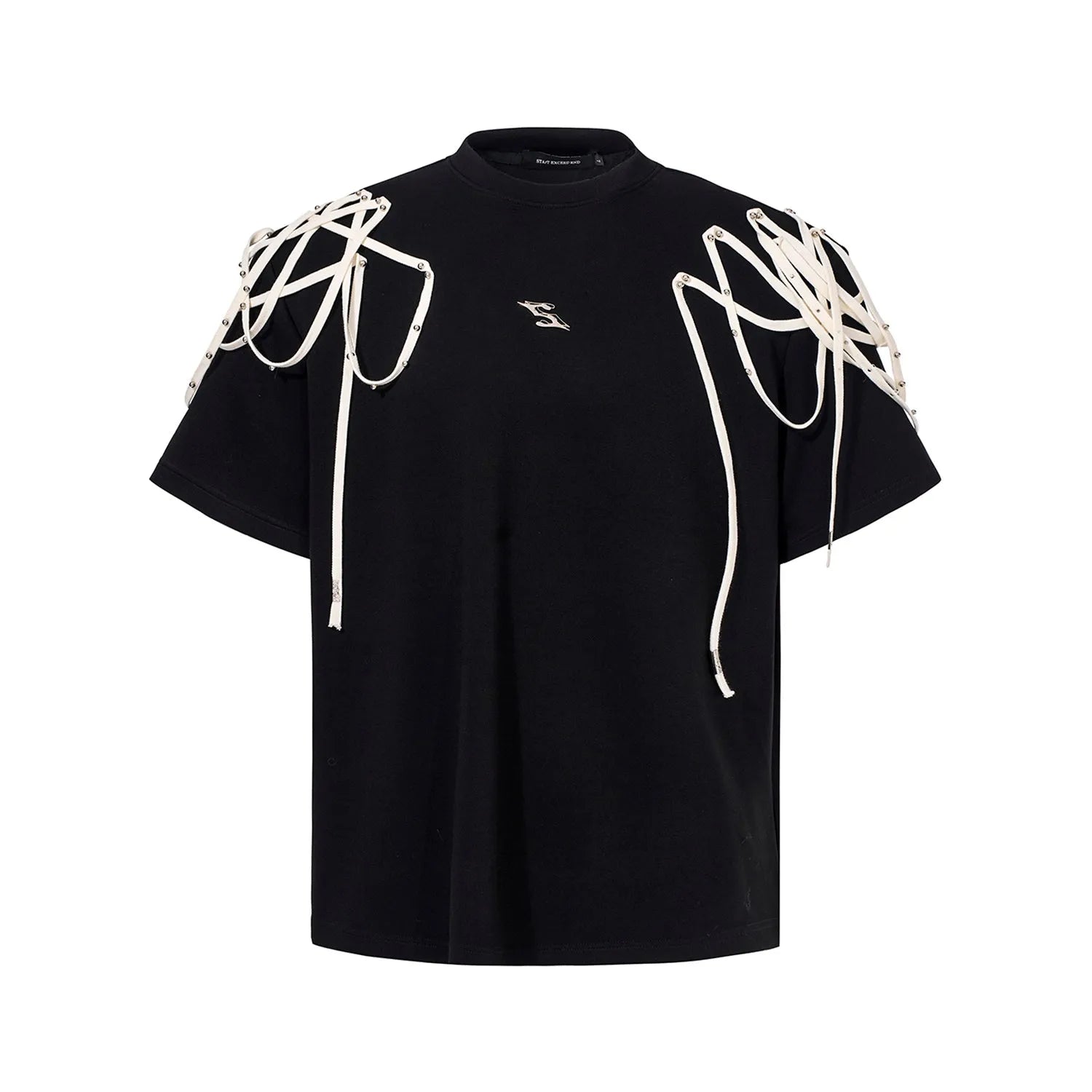 Black T-shirt with rivet ribbon padded shoulders, loose fit, round neck collar