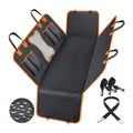 Black and orange edge waterproof dog car seat cover with mesh window and storage pocket on a car rear seat.