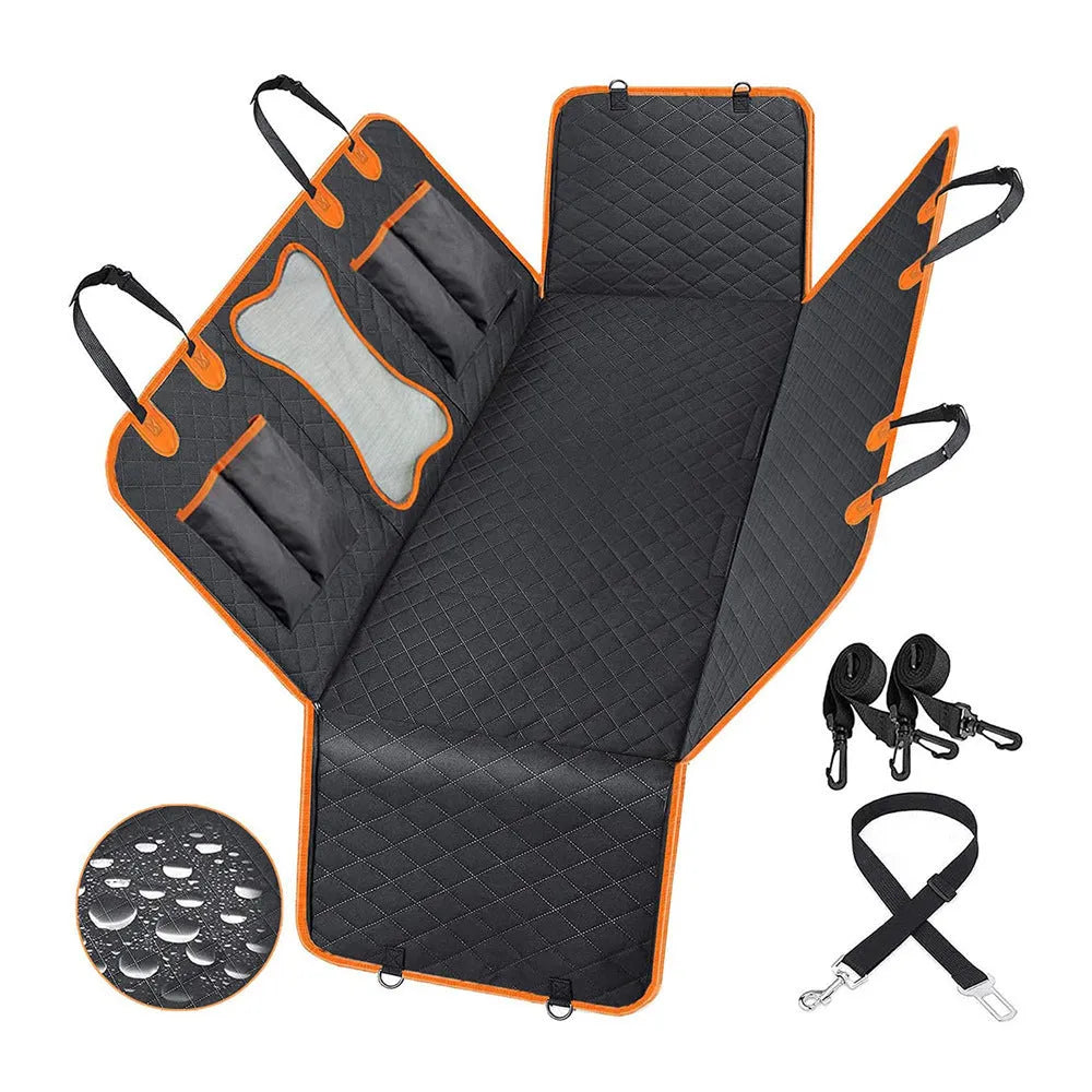Black and orange edge waterproof dog car seat cover with mesh window and storage pocket on a car rear seat.