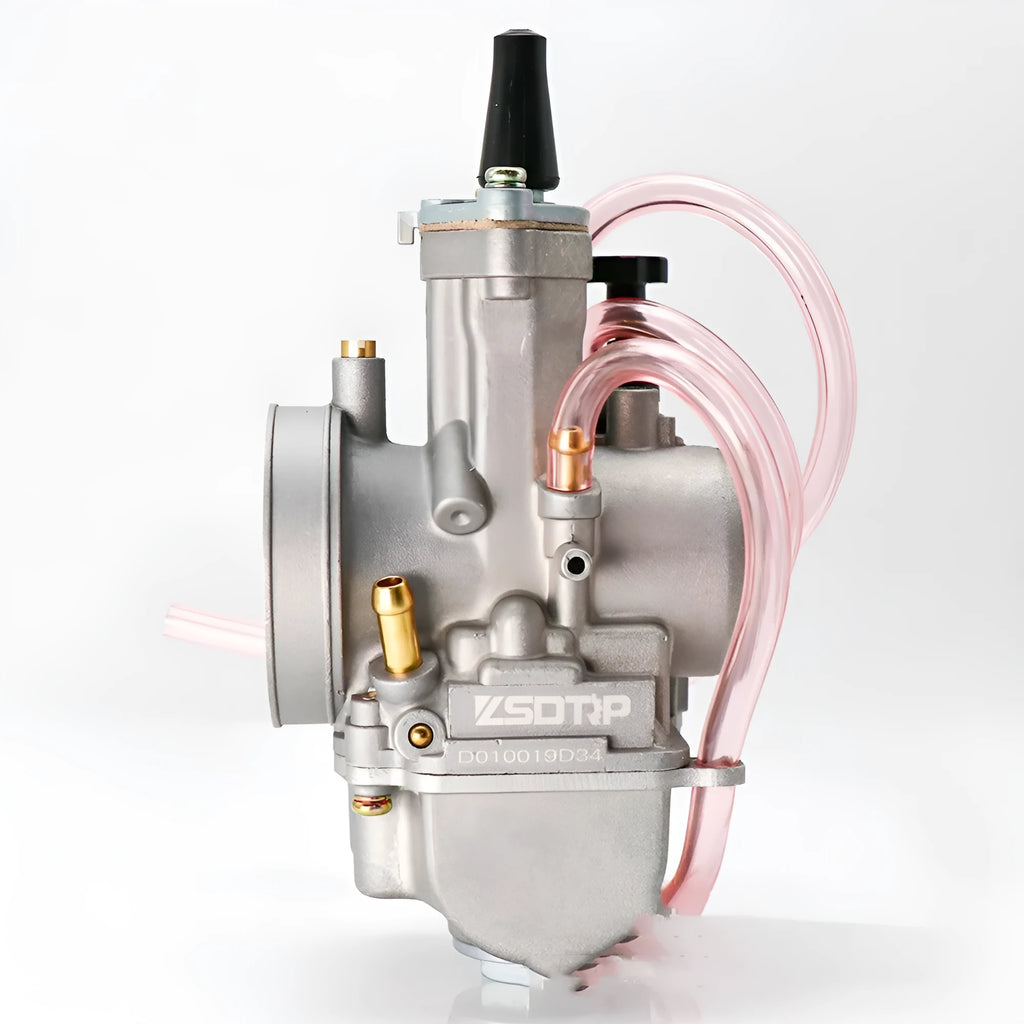 Set of seven sandblasted PWK motorcycle carburettors in sizes 21mm, 24mm, 26mm, 28mm, 30mm, 32mm, and 34mm for performance modification.