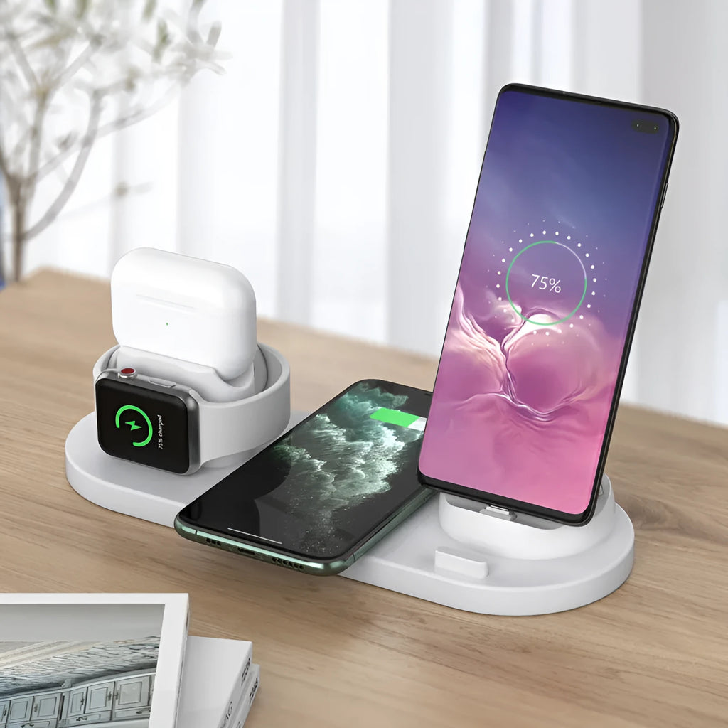 Black and white 6-in-1 wireless charging mobile phone holder with AirPods and iWatch charging ports