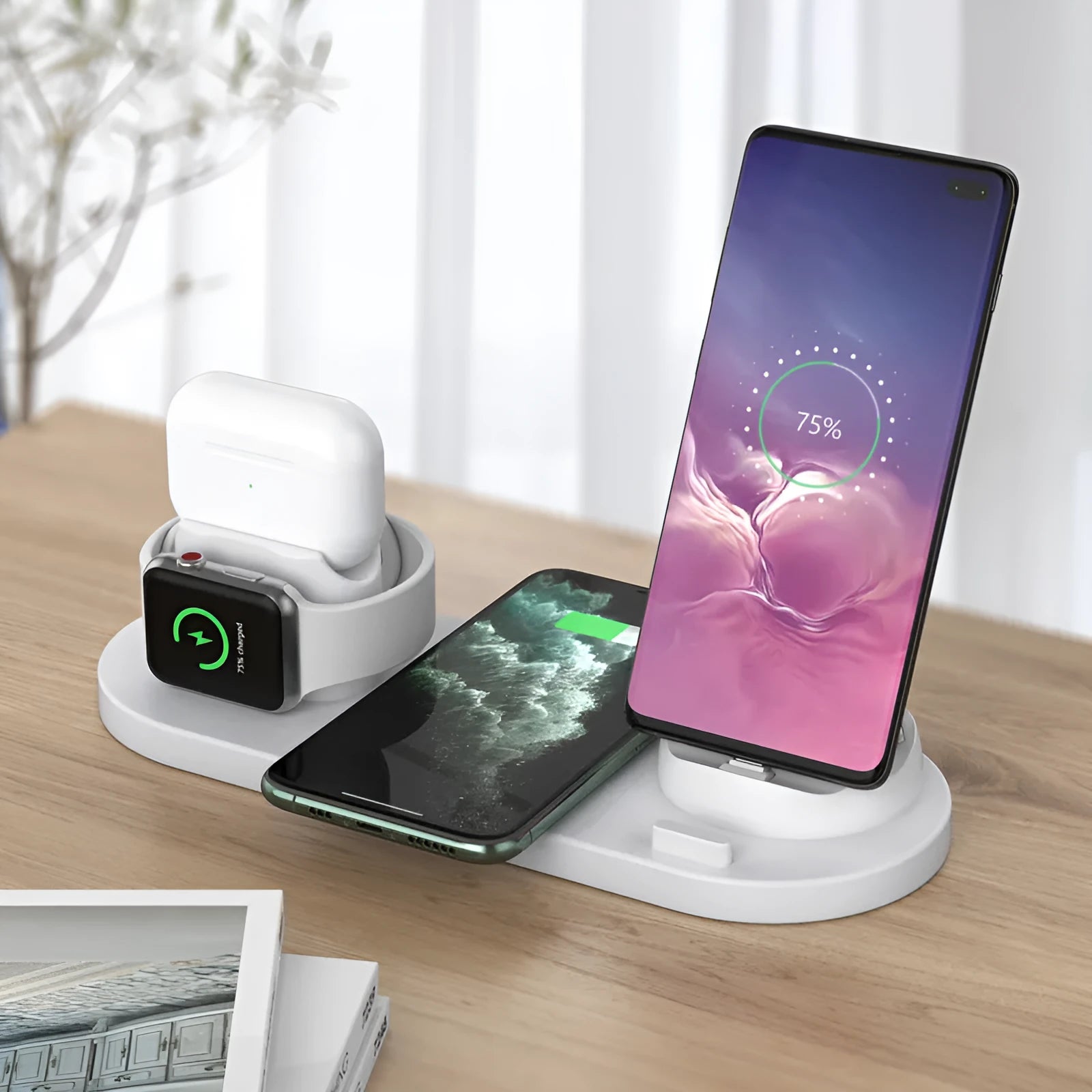 Black and white 6-in-1 wireless charging mobile phone holder with AirPods and iWatch charging ports