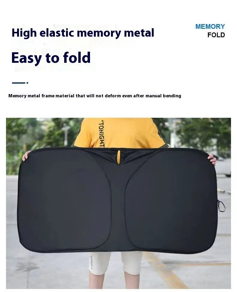 Universal fit aluminium foil car windscreen sunshade showing titanium silver reflective surface.
