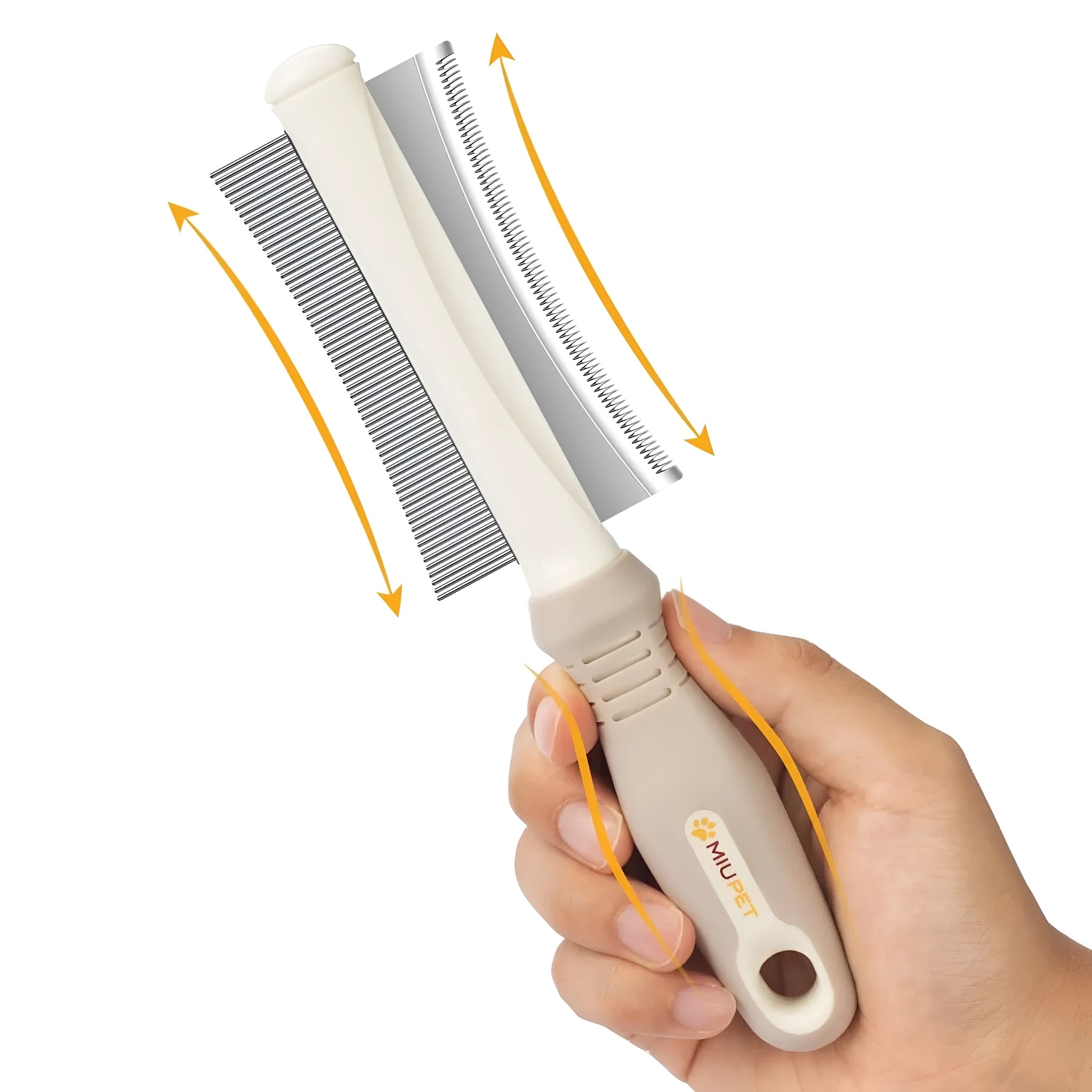White double-sided dog and cat brush showing a grooming comb and deshedding brush head with a curved handle.