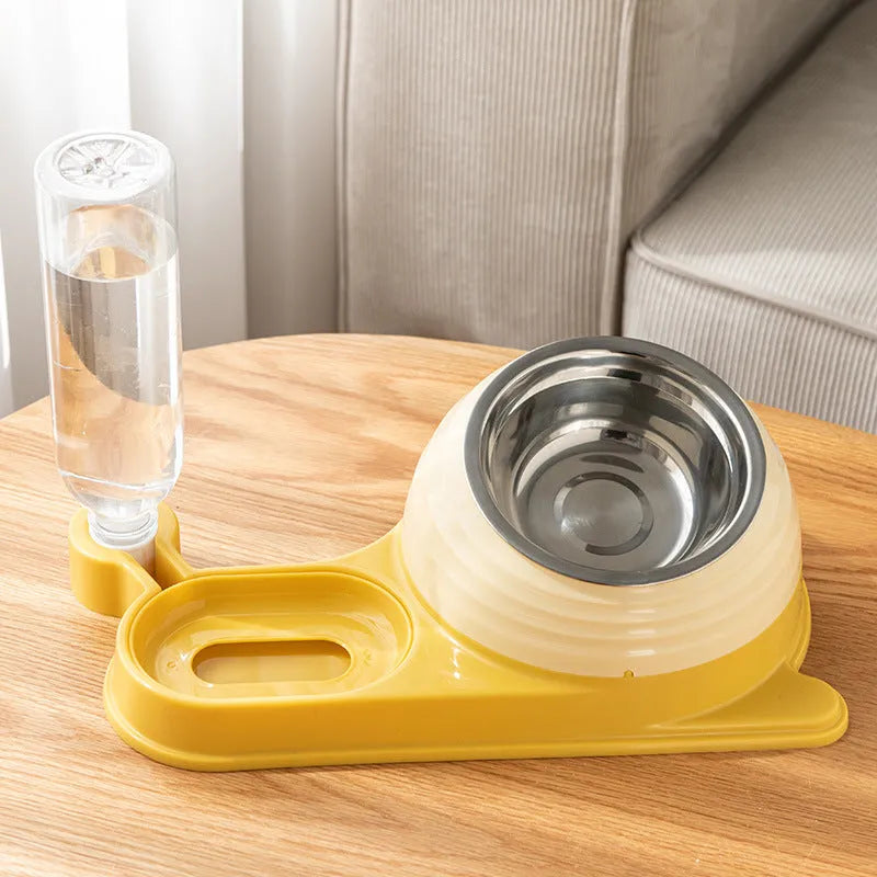 Elevated cat food bowl with automatic water dispenser bottle in choice of brown, green or yellow colours
