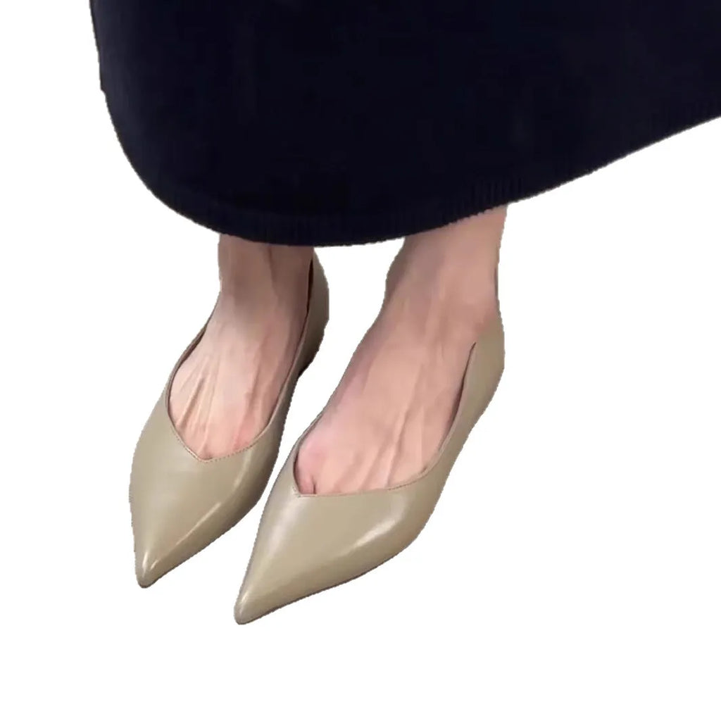 French minimalist pointed toe flat pumps with height increasing insole, solid colour, flanging details