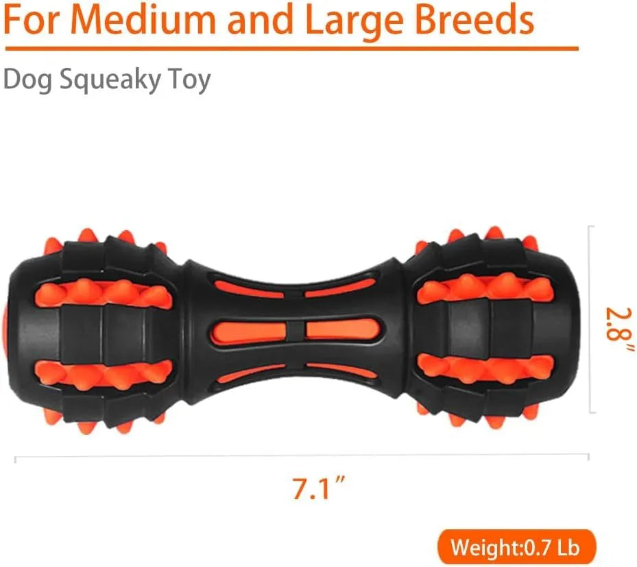 Red dumbbell-shaped durable rubber dog chew toy for large breed aggressive chewers