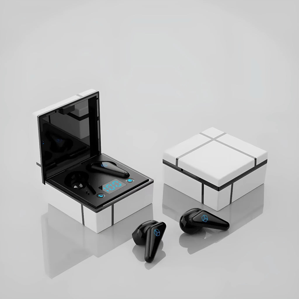 Bluetooth gaming headset with digital display showing multiple colour options including blue and white design