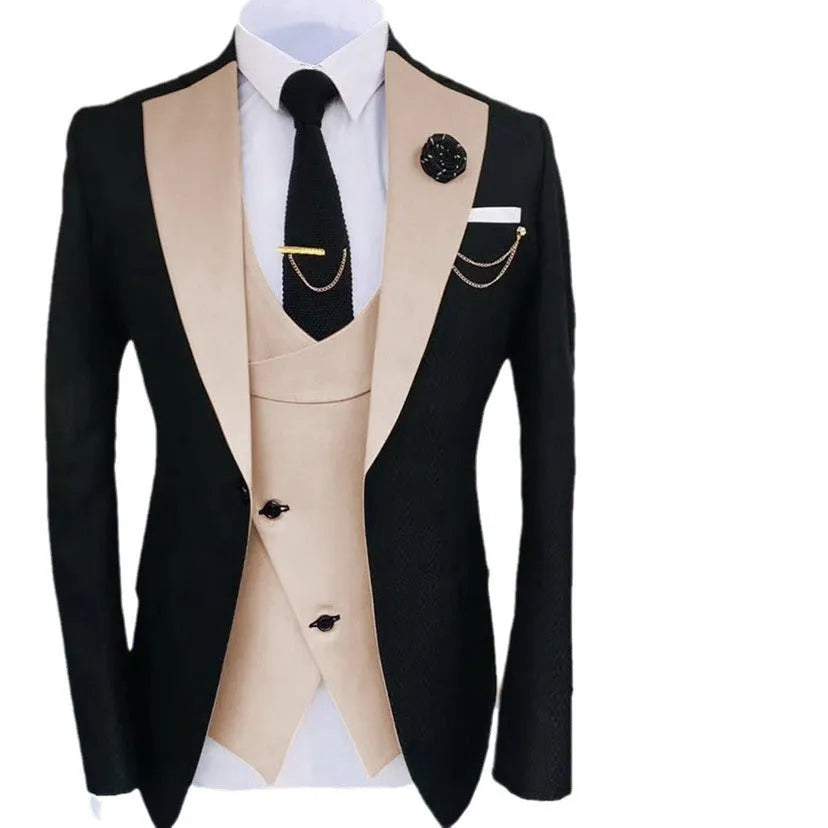 Men's slim fit three-piece business suit with coat, vest, and trousers in cotton fabric