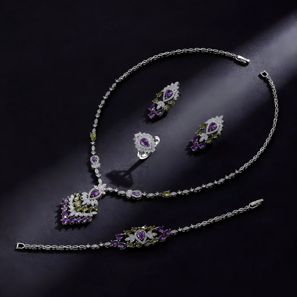 White colour copper and zircon jewellery set with necklace earrings ring and bracelet