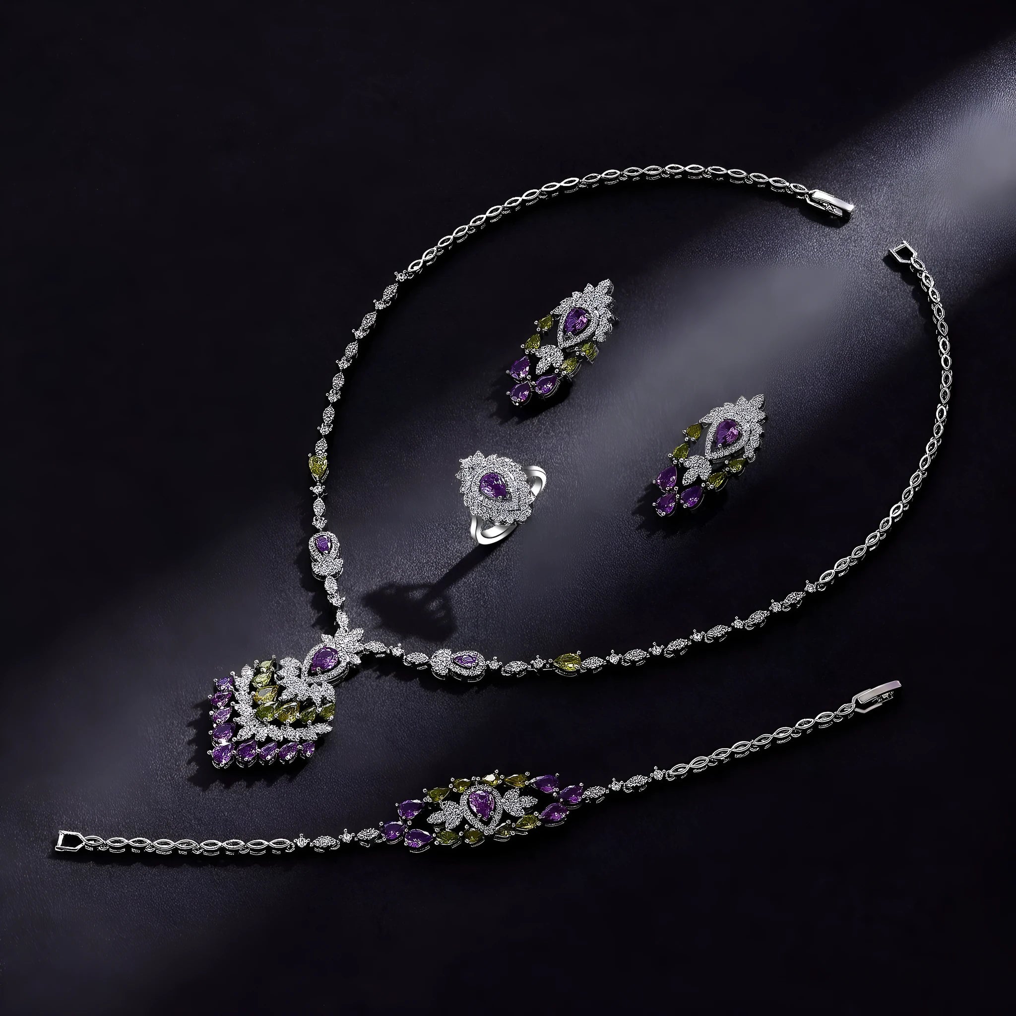 White colour copper and zircon jewellery set with necklace earrings ring and bracelet
