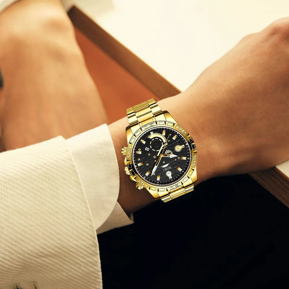 Men's gold business calendar quartz watch with stainless steel strap and buckle