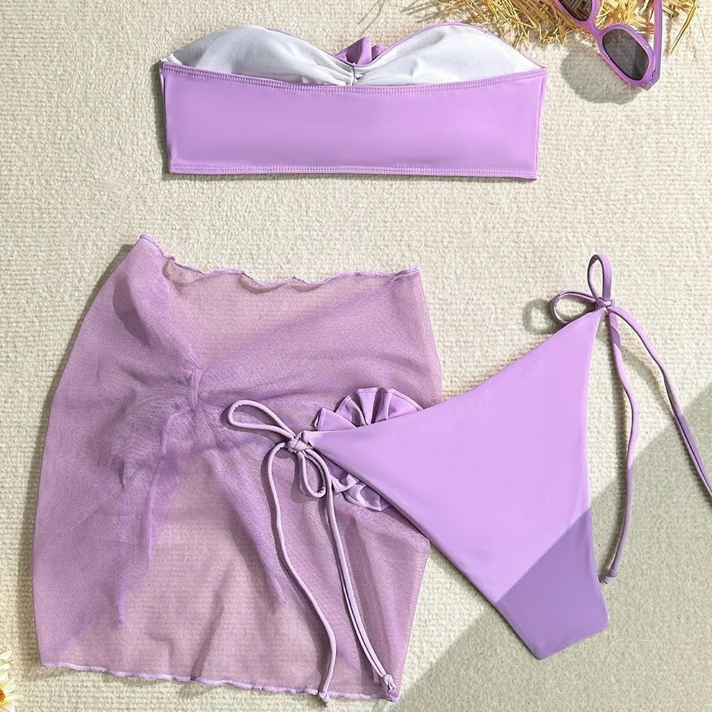 Women's tube top swimsuit with three-dimensional flower tie in blue, pink, or purple