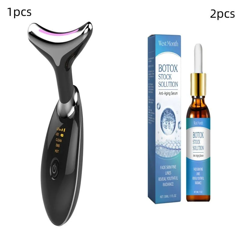 White EMS thermal neck lifting massager device with three-colour LED lights on a grey background.