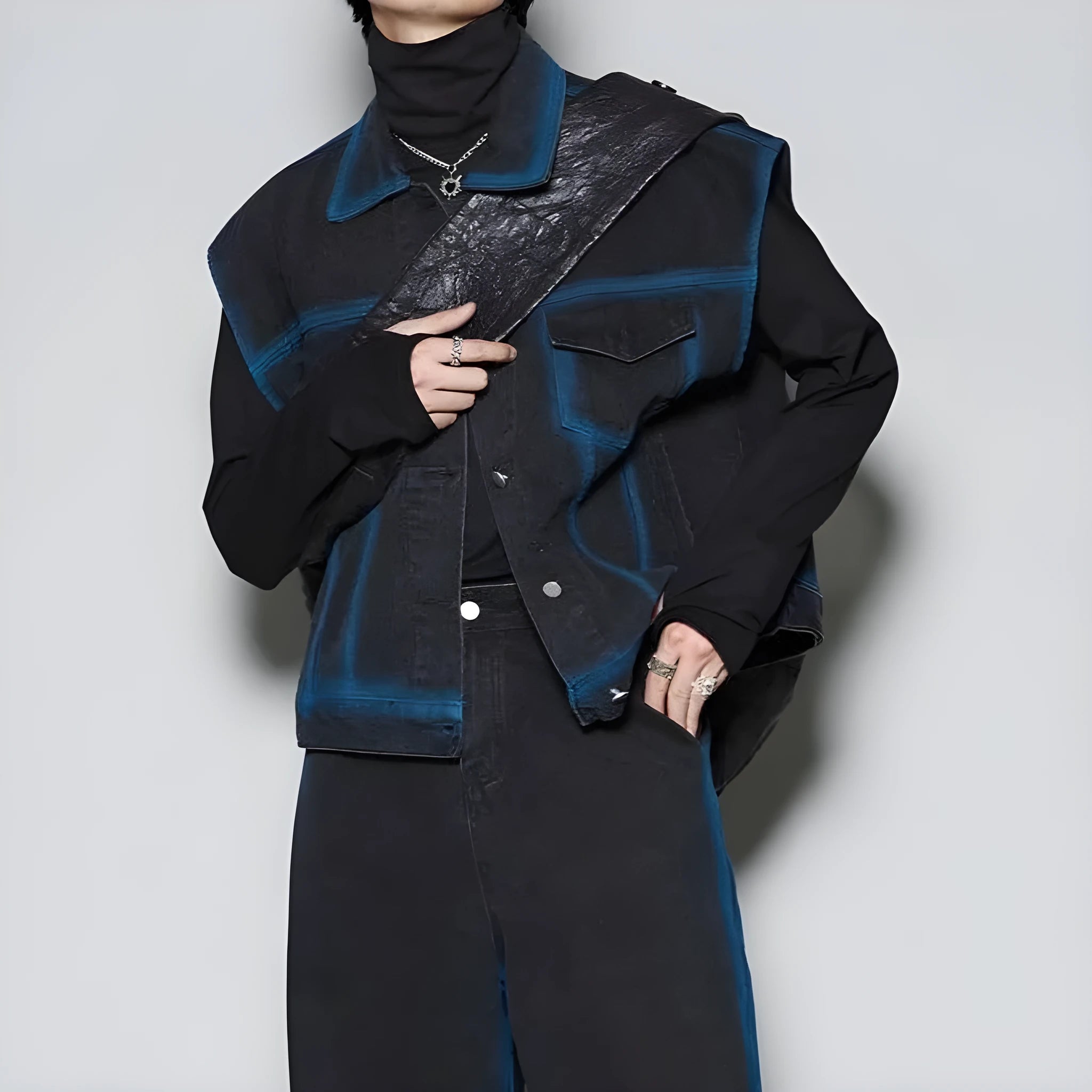 Blue distressed jeans suit two-piece set with sleeveless fleece-lined vest and matching trousers