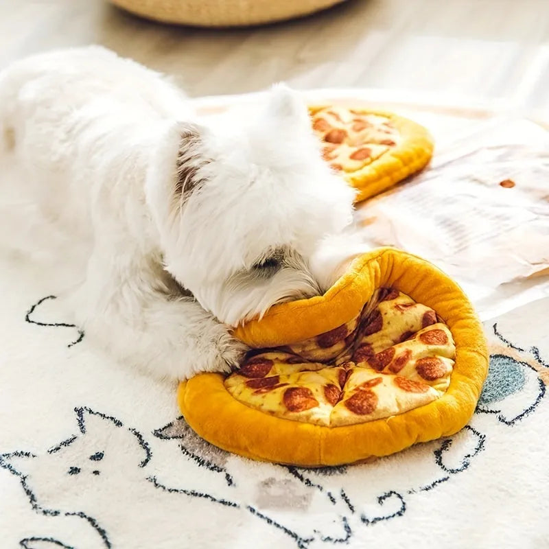 Yellow pizza slice teddy dog chewing toy with squeaker for medium-sized dogs