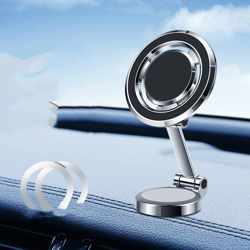 Obsidian black car mobile phone holder with flexible clip and 360-degree rotating bracket mounted on a dashboard.