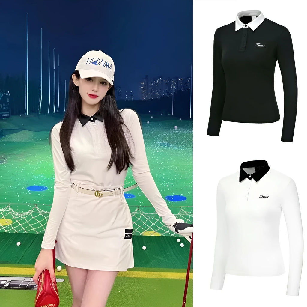 Women's white polyester long sleeve golf top with slim sports cut for outdoor activities