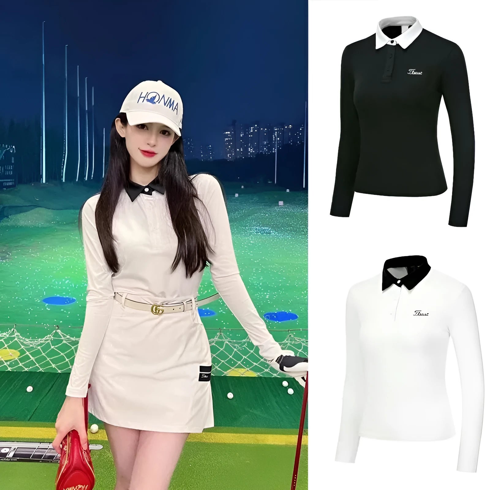 Women's white polyester long sleeve golf top with slim sports cut for outdoor activities